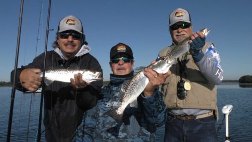 Three fishermen in caps holding spotted seatrout